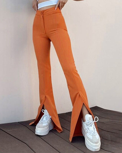 Damskie spodnie chinosy z rozciętymi nogawkami i wysokim stanem