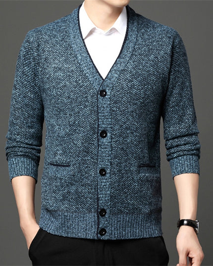 Męski sweter typu kardigan z melanżowej tkaniny zapinany na guziki