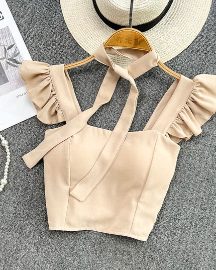 Damski crop top gorsetowy z na ramiączkach z falbankami