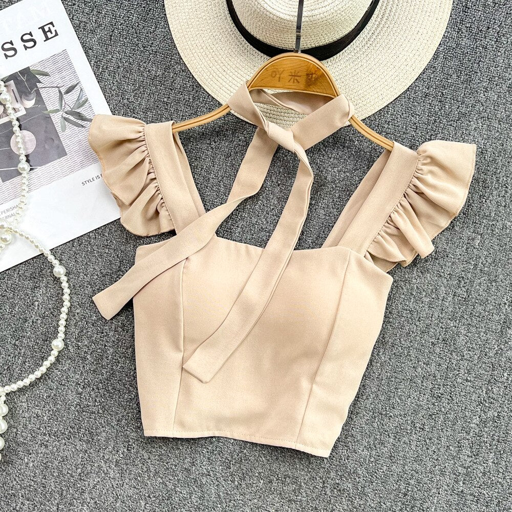 Damski crop top gorsetowy z na ramiączkach z falbankami