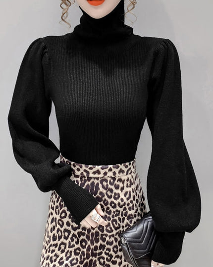 Damski sweter z golfem i bufiastymi rękawami