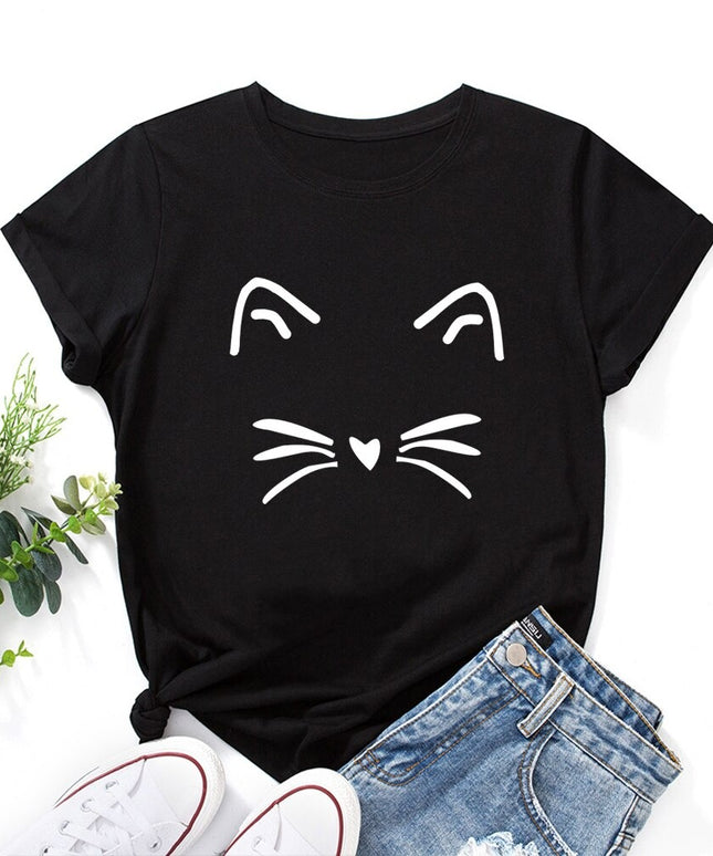 Damski T-shirt klasyczny z nadrukiem z motywem kotka