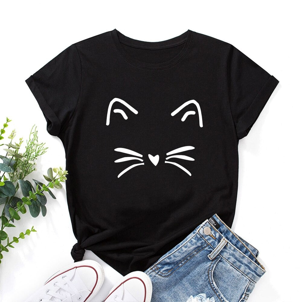 Damski T-shirt klasyczny z nadrukiem z motywem kotka