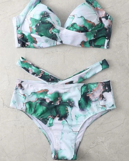 Damski dwuczęściowy strój kąpielowy bikini z paseczkami w marmurkowe wzory