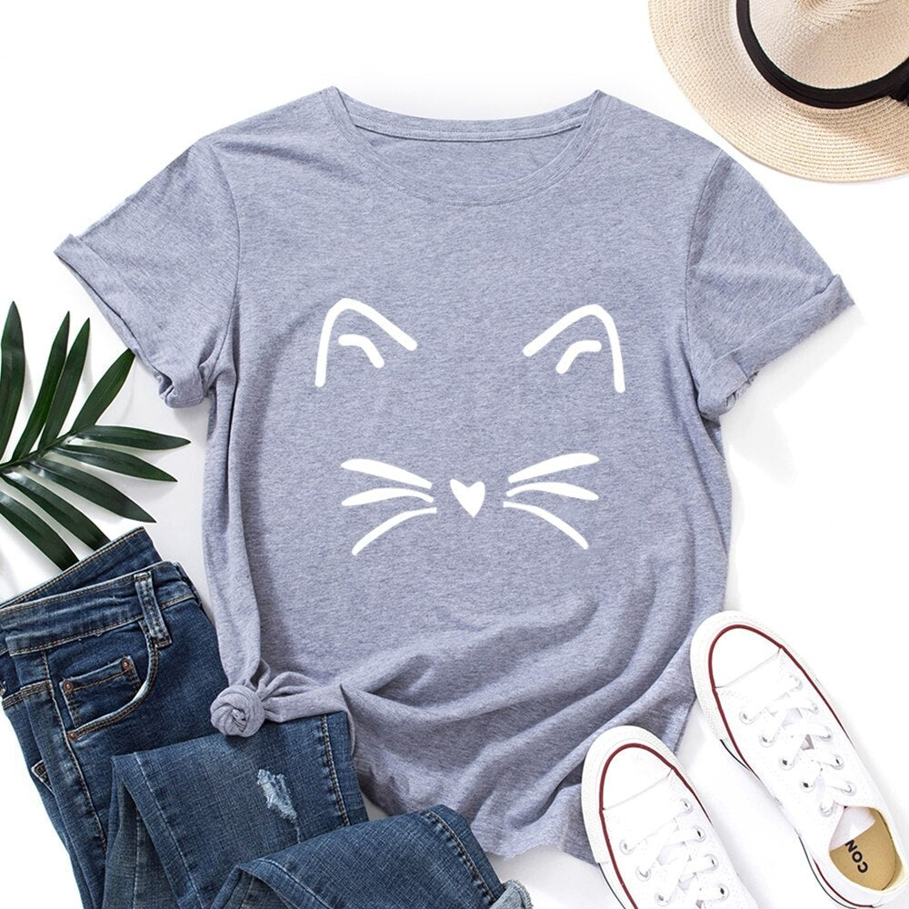 Damski T-shirt klasyczny z nadrukiem z motywem kotka