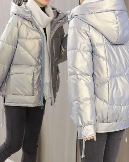 Damska kurtka zimowa z kapturem z połyskującego materiału