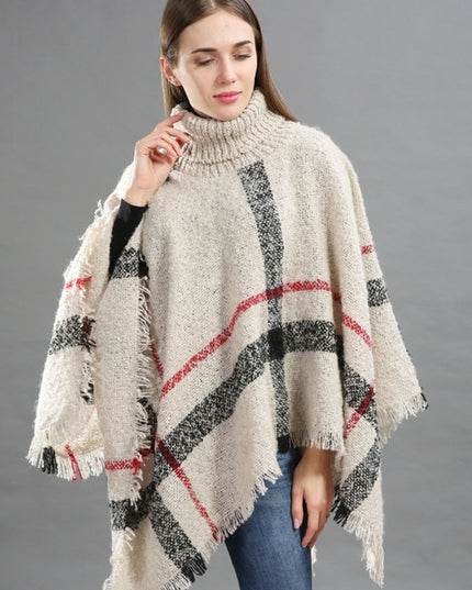 Damski sweter dziergany typu ponczo w kratę