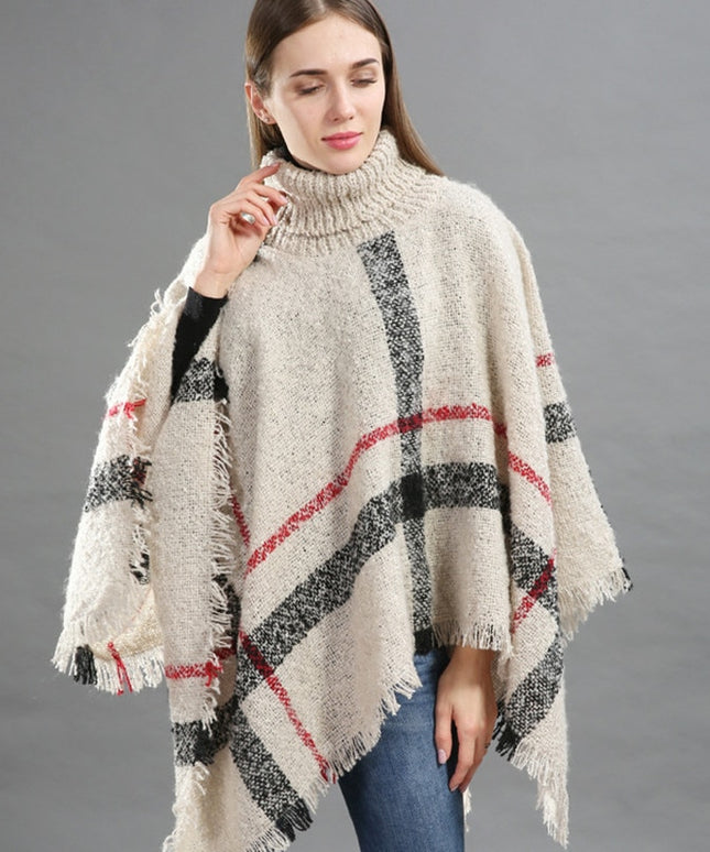 Damski sweter dziergany typu ponczo w kratę