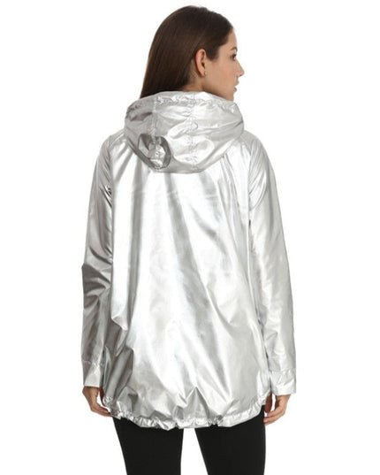 Damska kurtka przejściowa przeciwdeszczowa metaliczna z kapturem