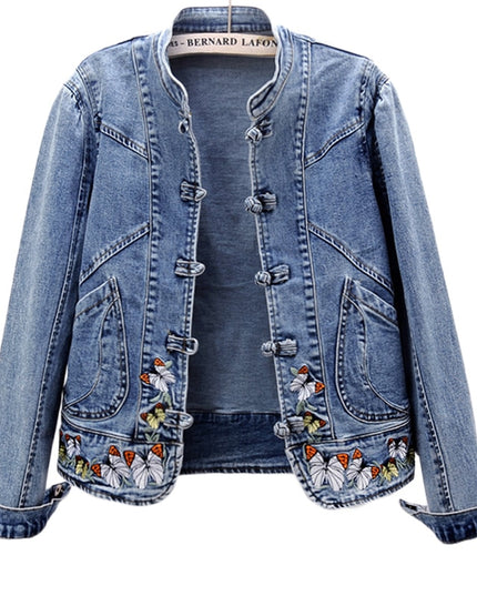 Damska kurtka jeansowa zdobiona haftem z przeszyciami