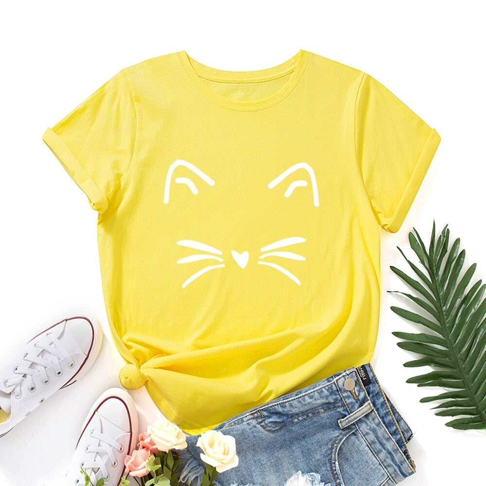 Damski T-shirt klasyczny z nadrukiem z motywem kotka
