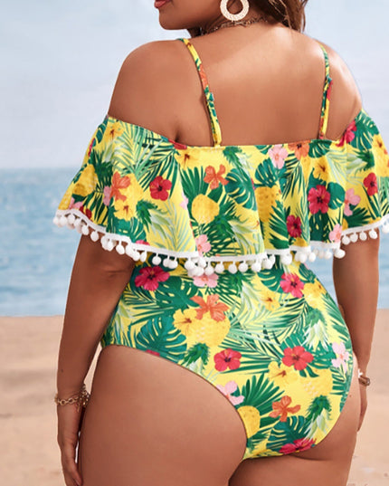 Damski jednoczęściowy strój kąpielowy plus size na ramiączkach z falbanką