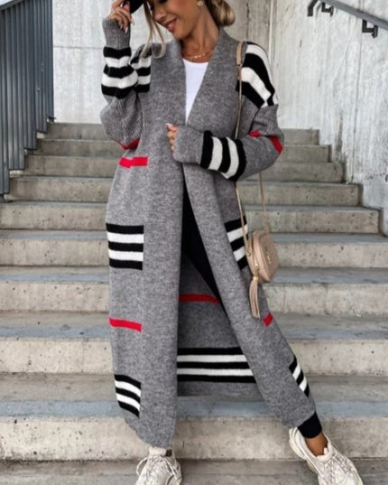 Damski sweter typu kardigan długości do kostek w kratkę