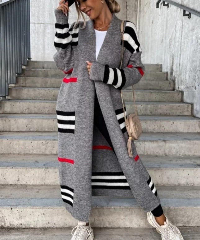 Damski sweter typu kardigan długości do kostek w kratkę