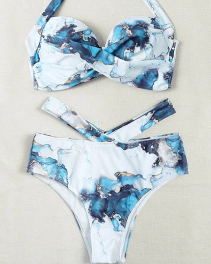 Damski dwuczęściowy strój kąpielowy bikini z paseczkami w marmurkowe wzory
