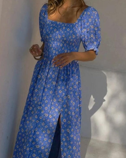 Letnia sukienka maxi z rękawami 3/4 w kwiaty