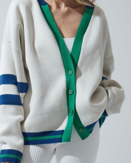 Damski sweter typu kardigan z kolorowymi paskami