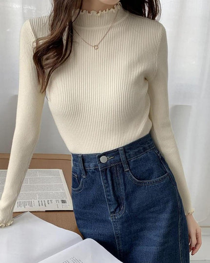 Damski sweter prążkowany z golfem zakończonym falbanką