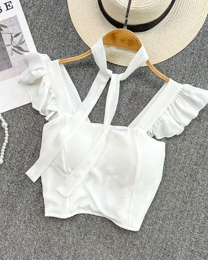 Damski crop top gorsetowy z na ramiączkach z falbankami