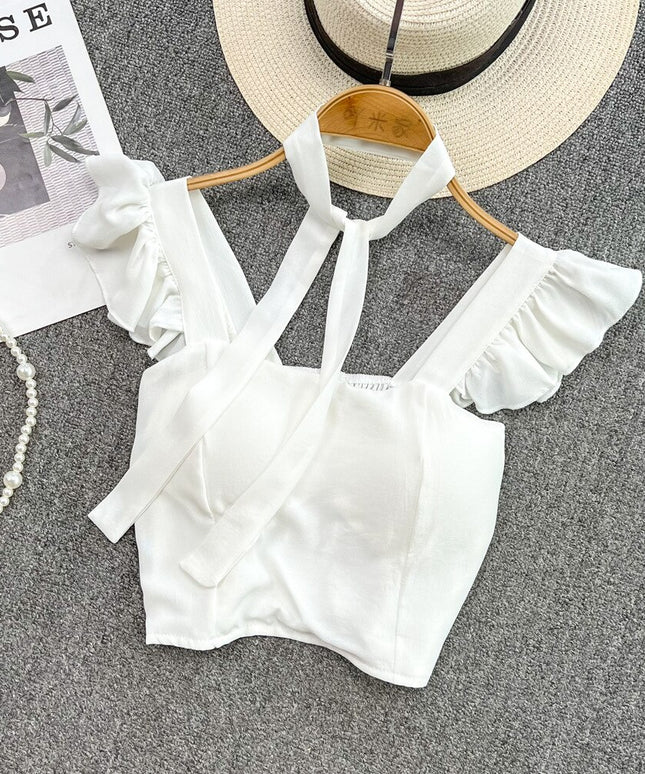 Damski crop top gorsetowy z na ramiączkach z falbankami