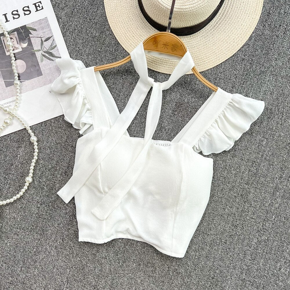Damski crop top gorsetowy z na ramiączkach z falbankami