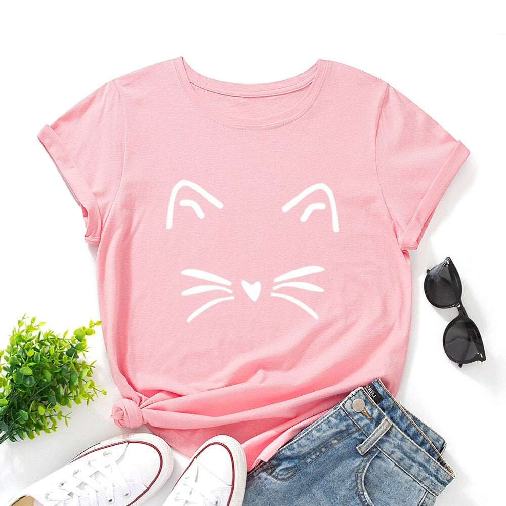 Damski T-shirt klasyczny z nadrukiem z motywem kotka