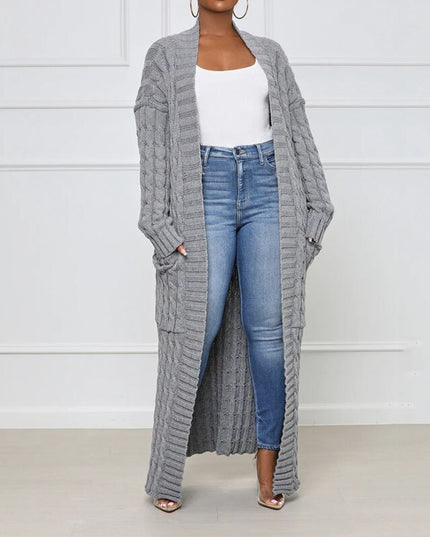 Damski sweter typu kardigan w ozdobną fakturę długości do kostek