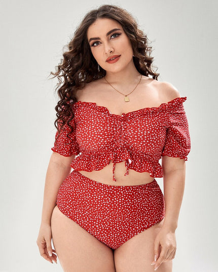 Damski dwuczęściowy strój kąpielowy bikini plus size w kwiatuszki z falbanką