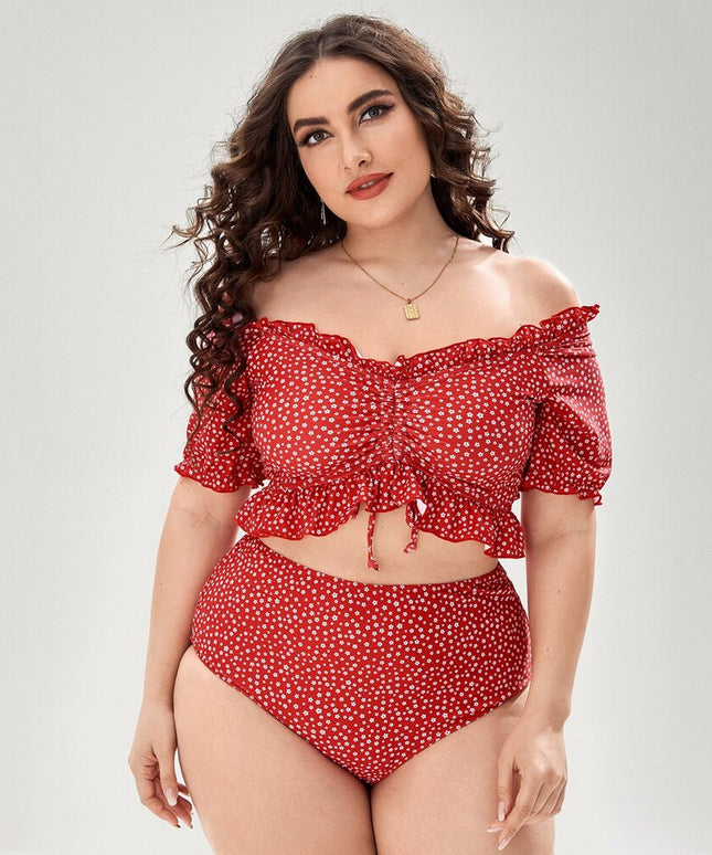 Damski dwuczęściowy strój kąpielowy bikini plus size w kwiatuszki z falbanką