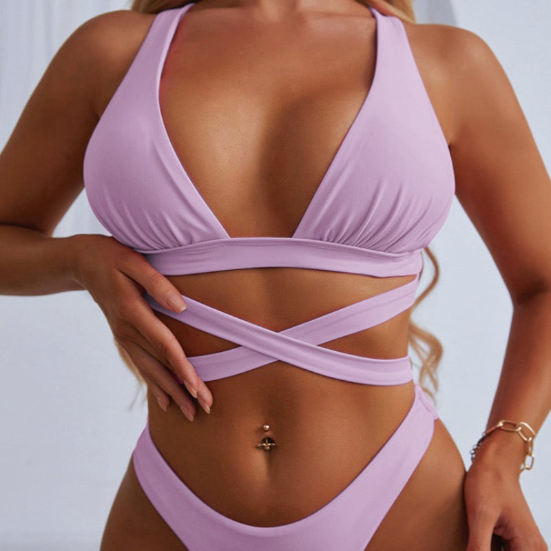 Damski dwuczęściowy strój kąpielowy bikini z wiązaniem w talii