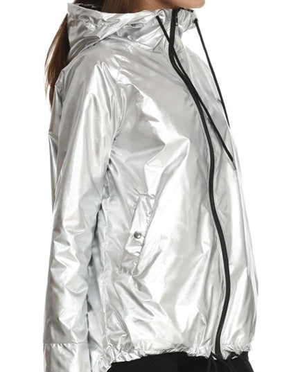 Damska kurtka przejściowa przeciwdeszczowa metaliczna z kapturem
