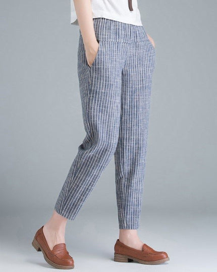 Damskie bawełniane spodnie chinosy w paski na gumce