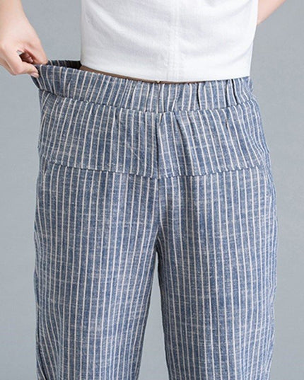 Damskie bawełniane spodnie chinosy w paski na gumce