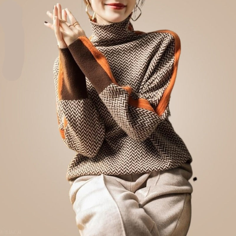 Damski sweter typu golf z kolorową lamówką