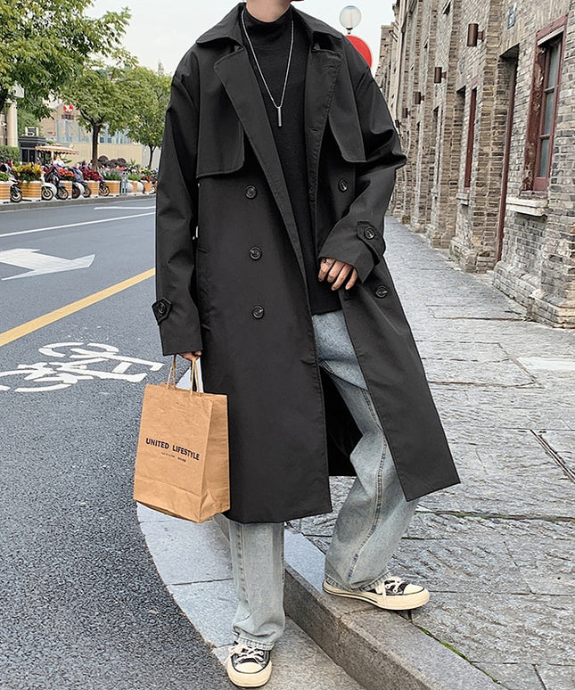 Męski długi płaszcz z wiązaniem