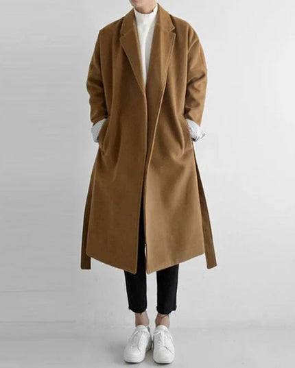 Męski klasyczny zimowy płaszcz o prostym kroju z wiązaniem