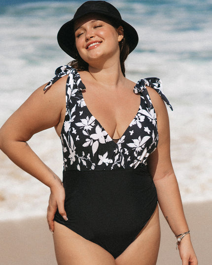 Damski jednoczęściowy strój kąpielowy plus size z wiązanymi ramiączkami