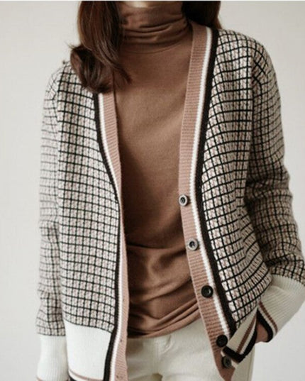 Damski sweter typu kardigan w drobną kratkę