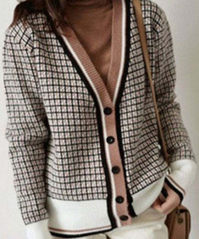 Damski sweter typu kardigan w drobną kratkę