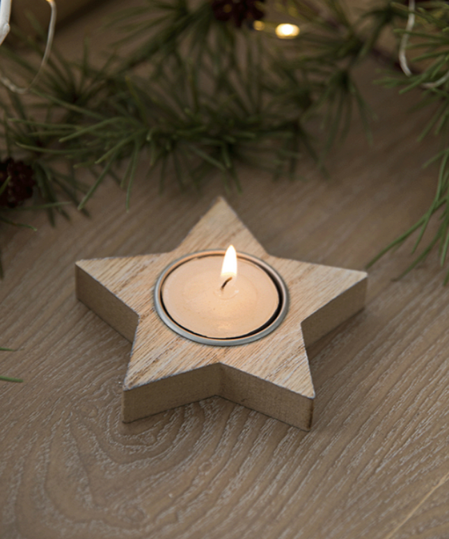 Świąteczny świecznik drewniany na t-lighty w kształcie gwiazdki