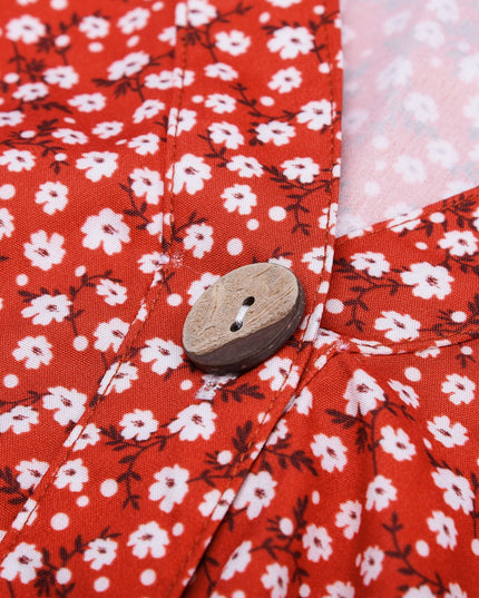 Sukienka czerwona mini w kwiatki zapinana na guziki