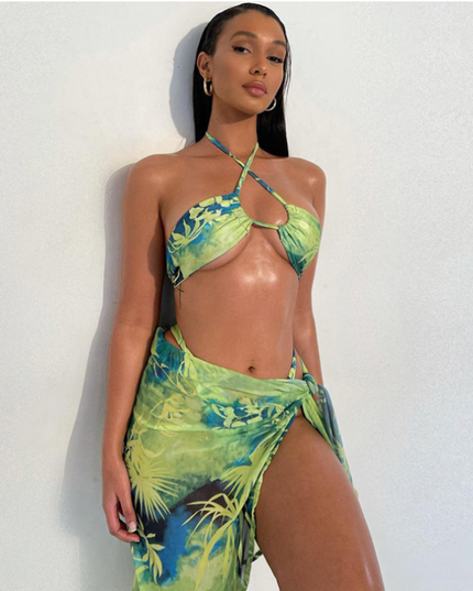 Damski dwuczęściowy strój kąpielowy bikini ze spódniczką w egzotyczny wzór