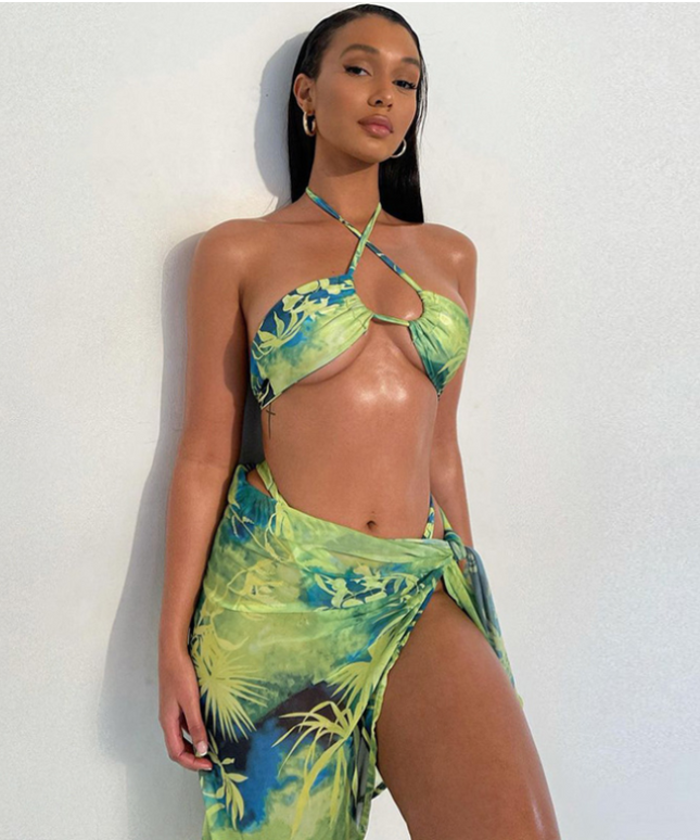 Damski dwuczęściowy strój kąpielowy bikini ze spódniczką w egzotyczny wzór