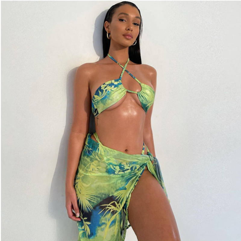 Damski dwuczęściowy strój kąpielowy bikini ze spódniczką w egzotyczny wzór