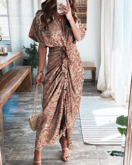 Sukienka maxi wzorzysta wiązana w pasie