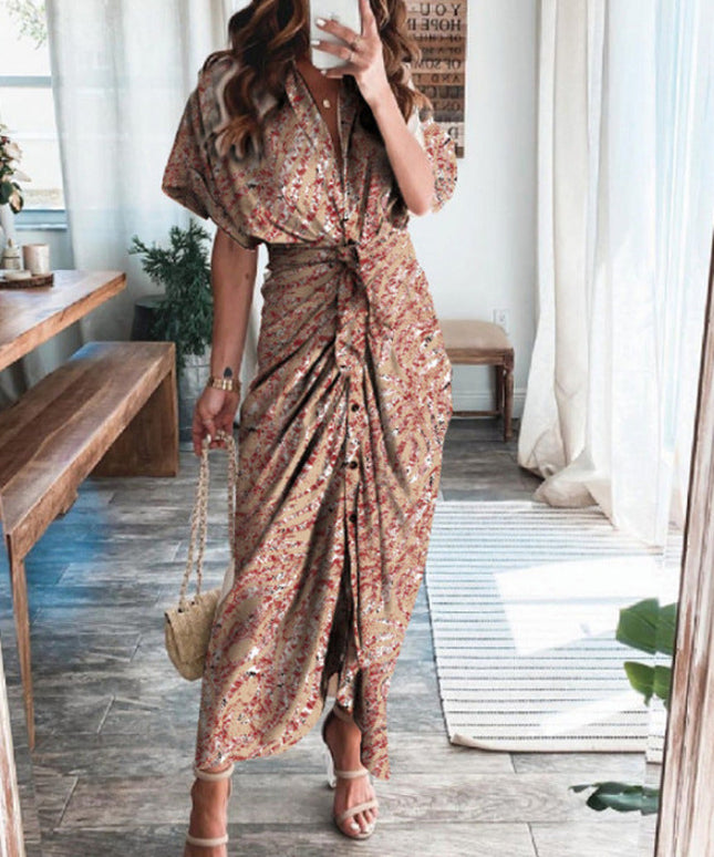 Sukienka maxi wzorzysta wiązana w pasie