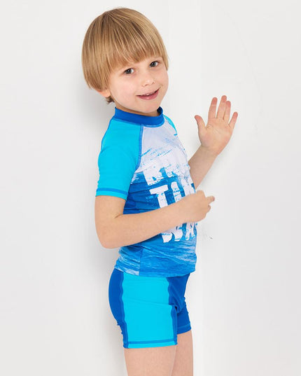 Dwuczęściowy kostium kąpielowy dla chłopca z napisami