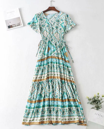 Sukienka maxi wzorzysta z przekładanym dekoltem