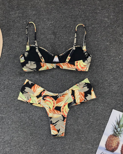 Damski dwuczęściowy strój kąpielowy bikini we wzór tropikalnych liści