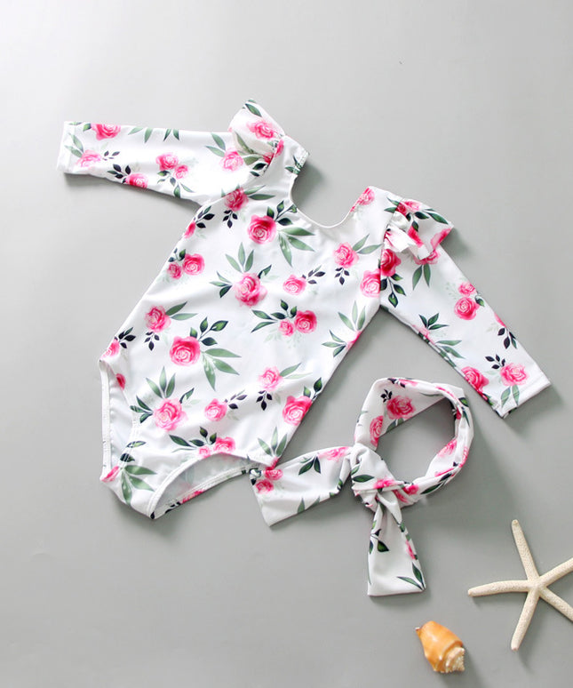 Jednoczęściowy strój kąpielowy dla dziewczynek z długim rękawem i falbanką